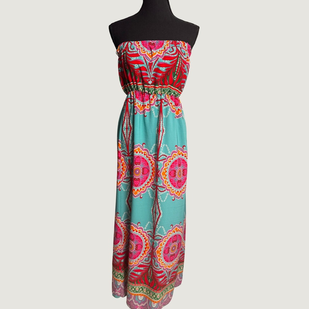 Boho Small Teal Pink Medallion Tropical Strapless Maxi Dress